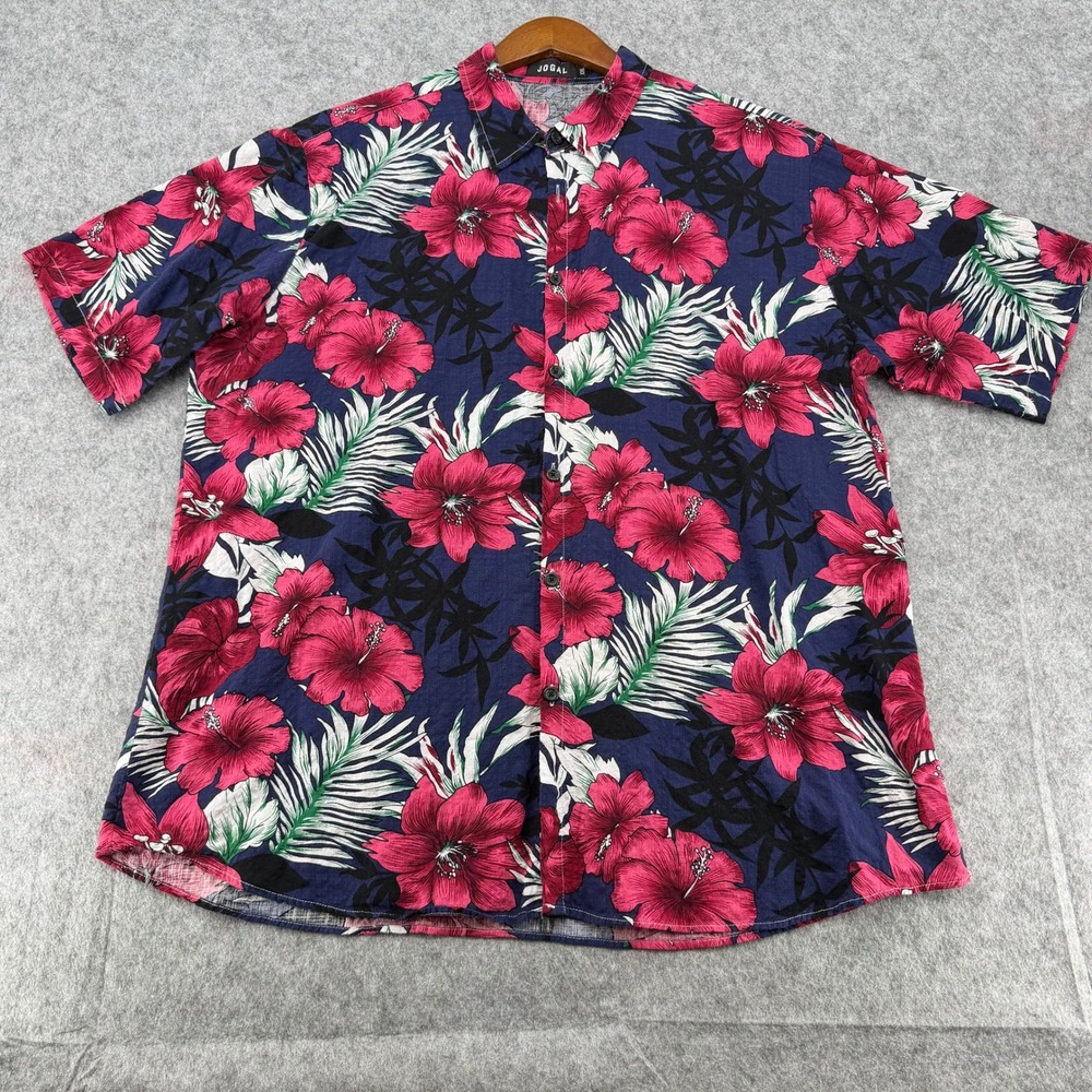 JOGAL Mens Hawaiian Shirt XXL Navy Pink Hibiscus Floral Tropical Button Down